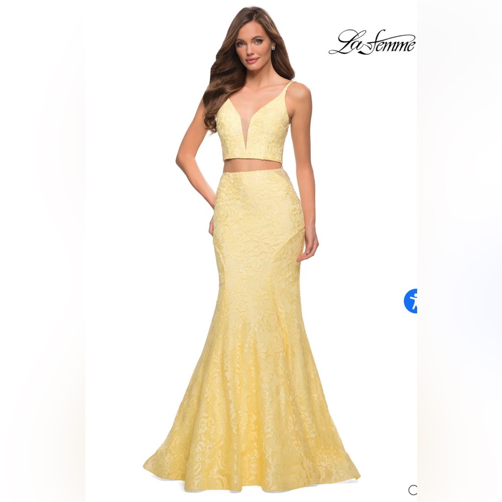 La femme Mermaid Two Piece Gown with Deep V and Rhinestones